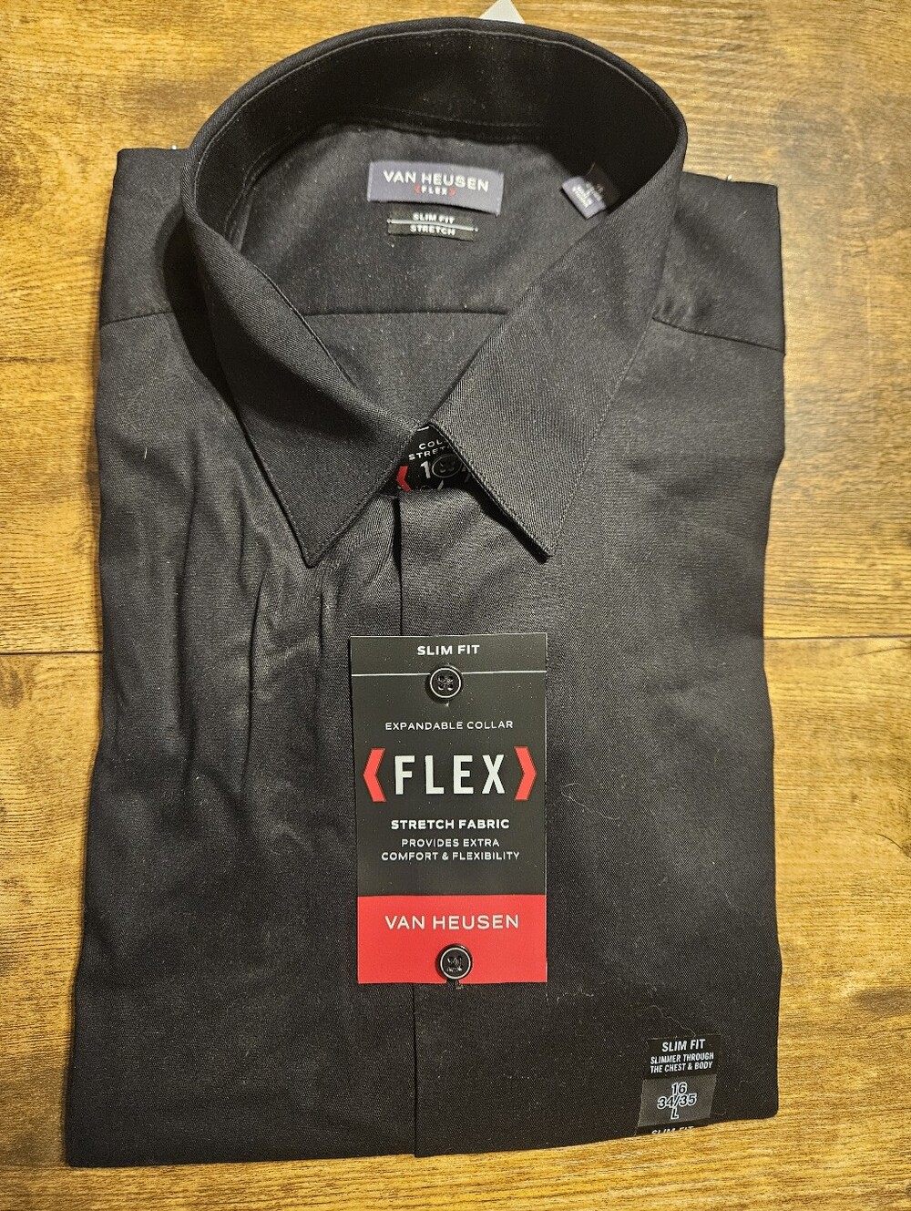 Van Heusen Large 16 34/35 Black Slim Fit Flex Stetch Long Sleeve Dress Shirt NWT